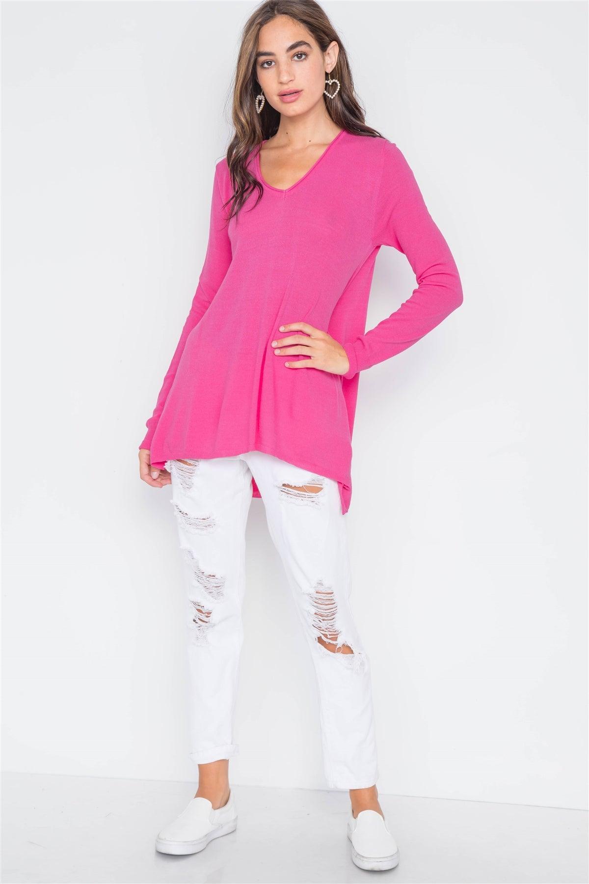 Hot Pink Knit V-Neck Casual Solid Long Sleeve Sweater /2-2-2