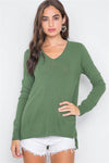 Olive Knit V-Neck Casual Solid Long Sleeve Sweater /2-2-2