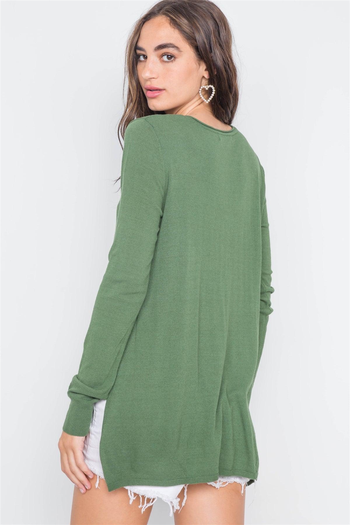 Olive Knit V-Neck Casual Solid Long Sleeve Sweater /2-2-2