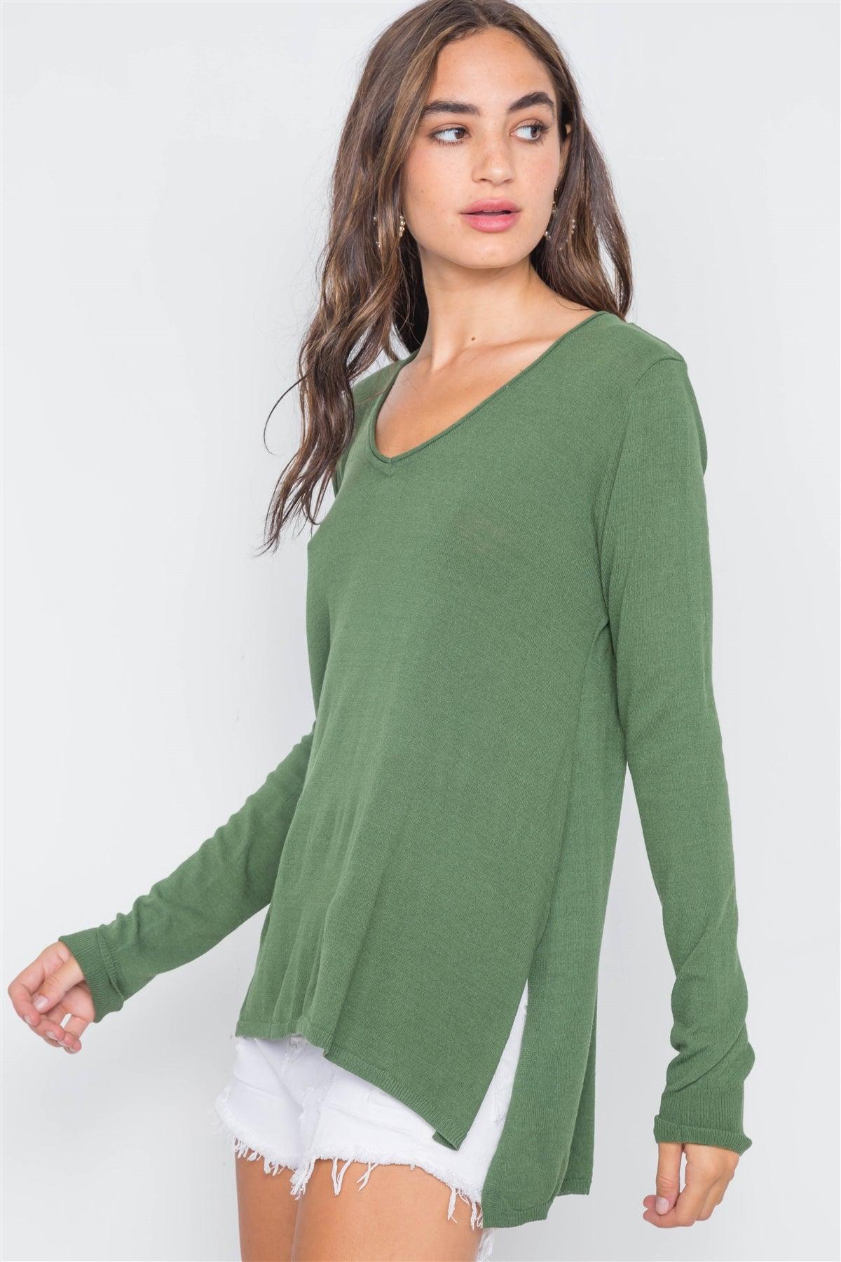 Olive Knit V-Neck Casual Solid Long Sleeve Sweater /2-2-2