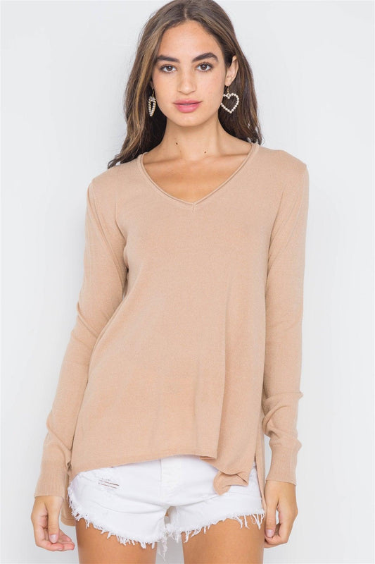 Sand Taupe Knit V-Neck Casual Solid Long Sleeve Sweater /2-2-2