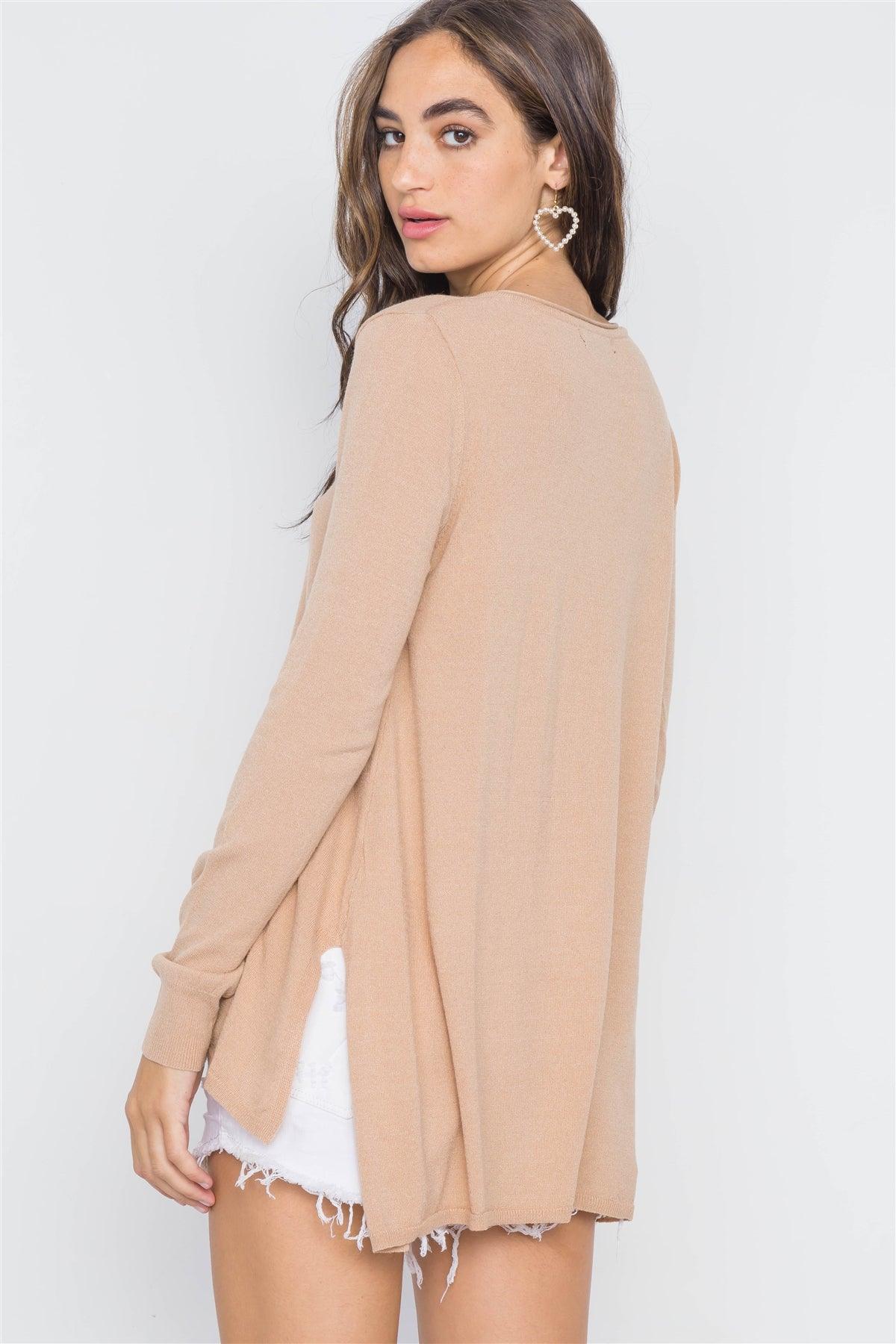 Sand Taupe Knit V-Neck Casual Solid Long Sleeve Sweater /2-2-2