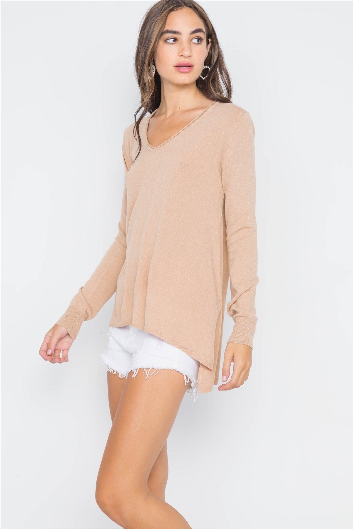 Sand Taupe Knit V-Neck Casual Solid Long Sleeve Sweater /2-2-2