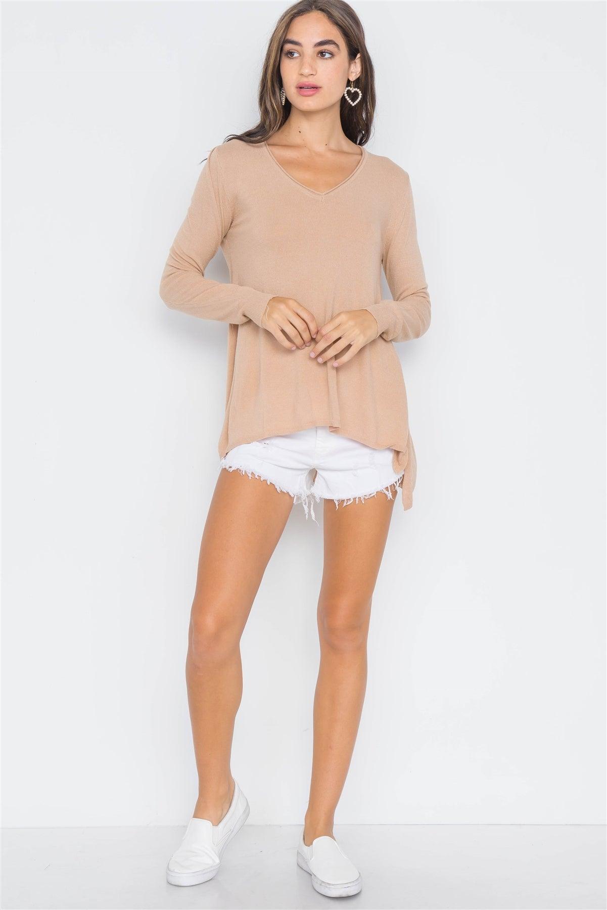 Sand Taupe Knit V-Neck Casual Solid Long Sleeve Sweater /2-2-2