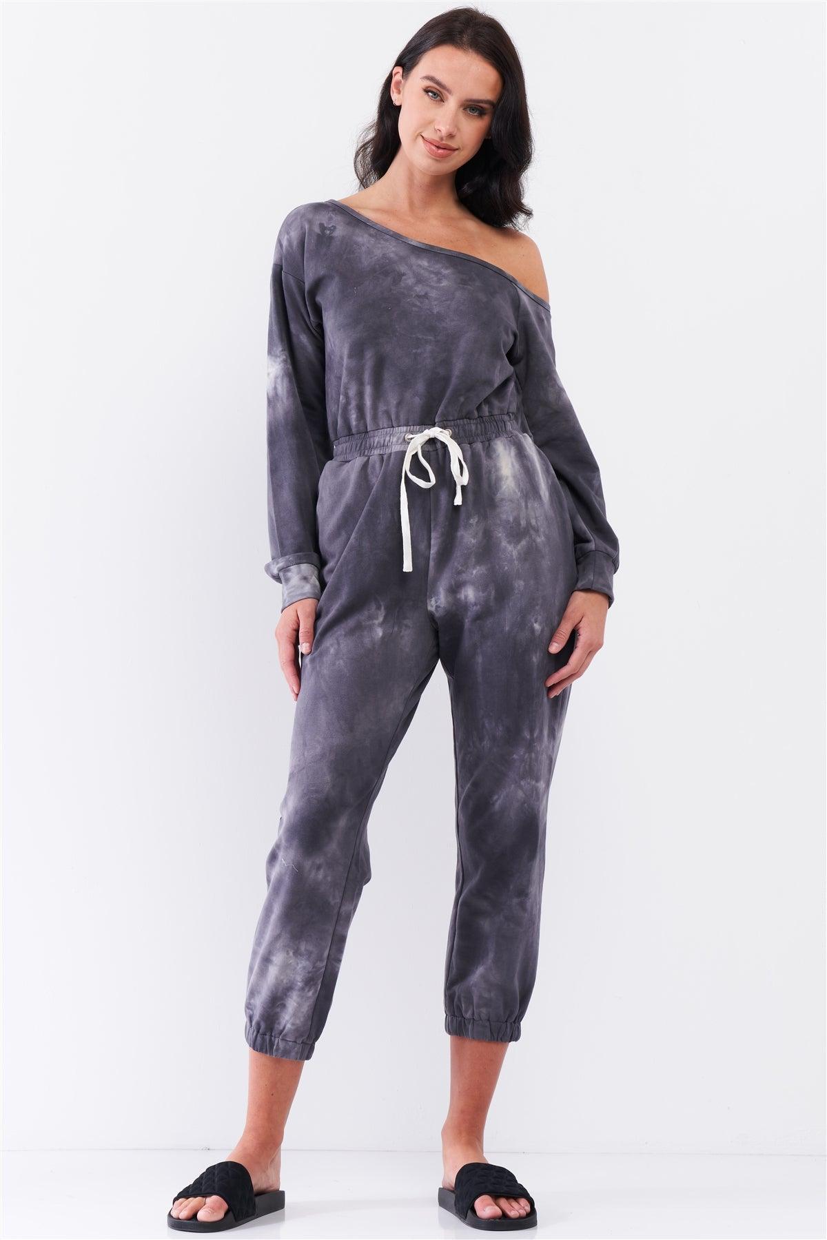 Charcoal Tie-Dye Asymmetrical One-Shoulder Long Sleeve Draw-String Waistline Jogger Jumpsuit /3-2-1