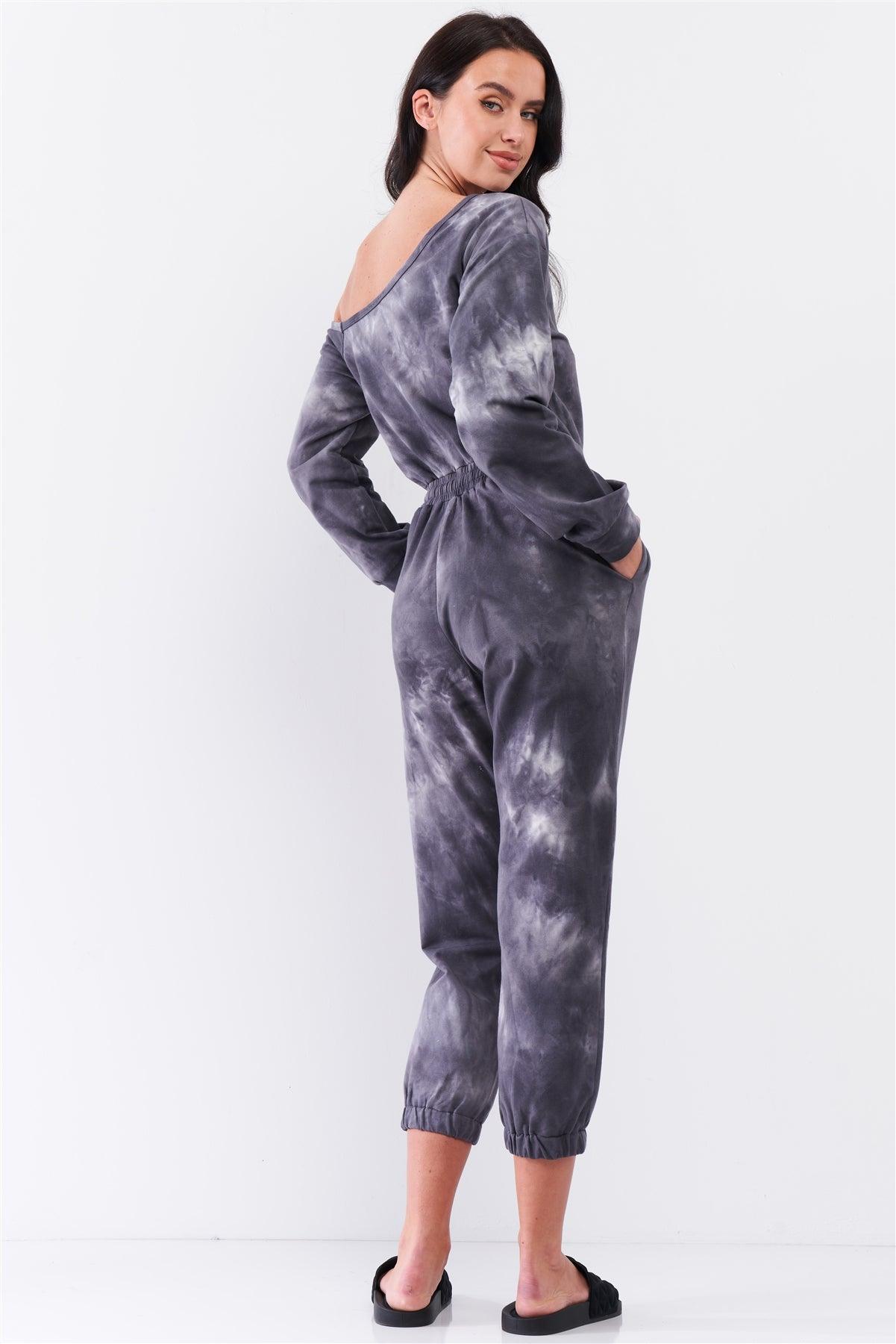 Charcoal Tie-Dye Asymmetrical One-Shoulder Long Sleeve Draw-String Waistline Jogger Jumpsuit /3-2-1