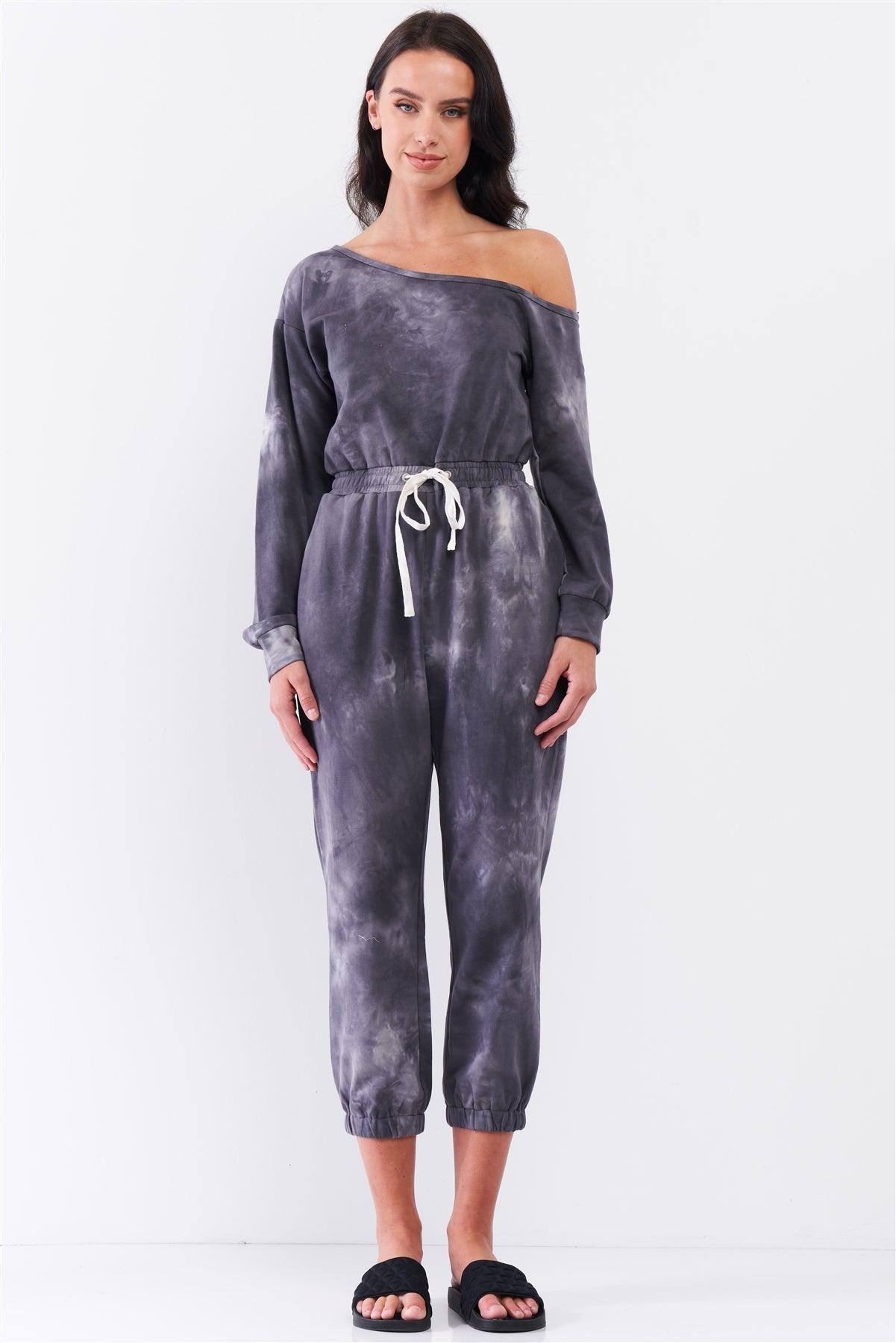 Charcoal Tie-Dye Asymmetrical One-Shoulder Long Sleeve Draw-String Waistline Jogger Jumpsuit /3-2-1