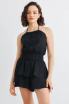 Black Halter Neck Open Back Smocked Tiered Romper /3-2-1