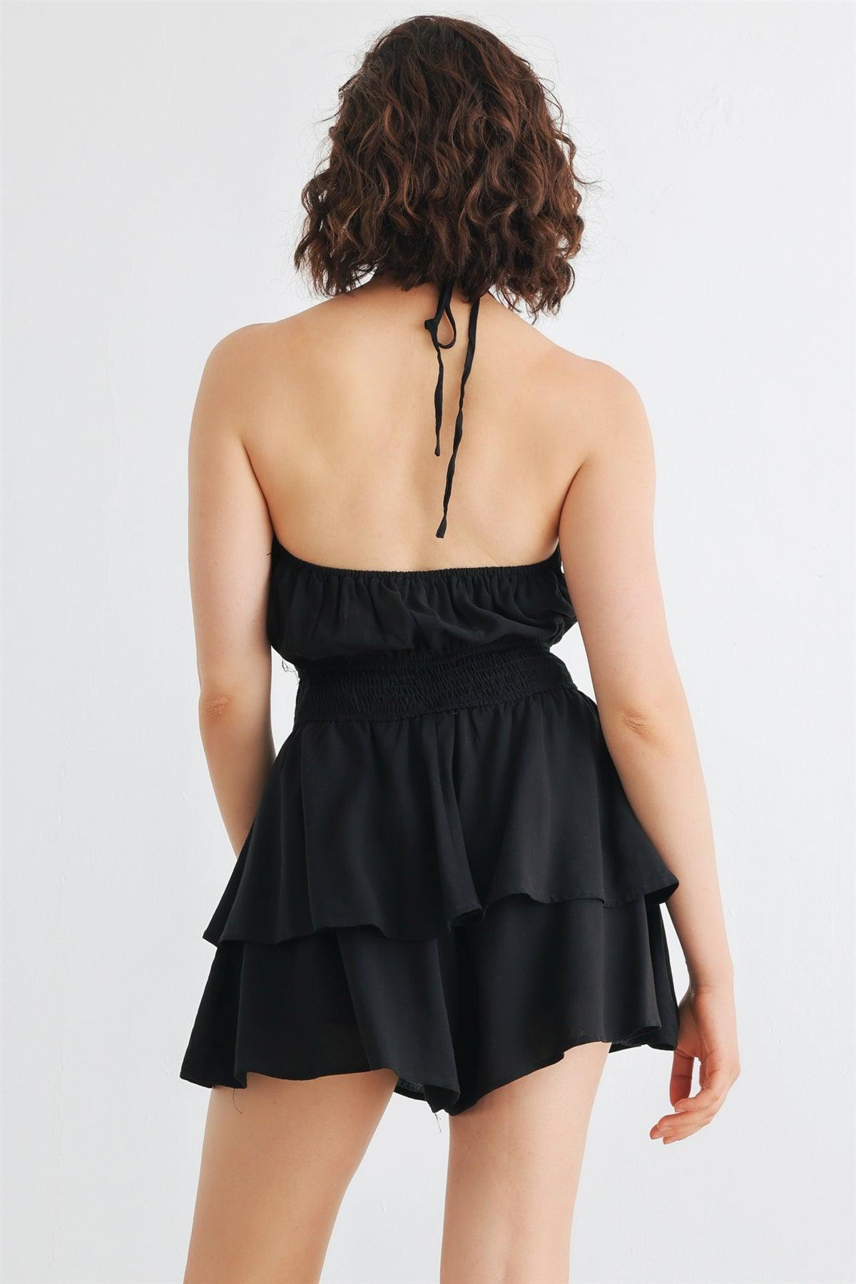 Black Halter Neck Open Back Smocked Tiered Romper /3-2-1