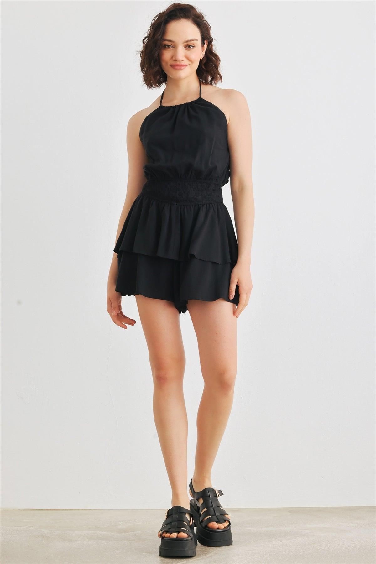 Black Halter Neck Open Back Smocked Tiered Romper /3-2-1