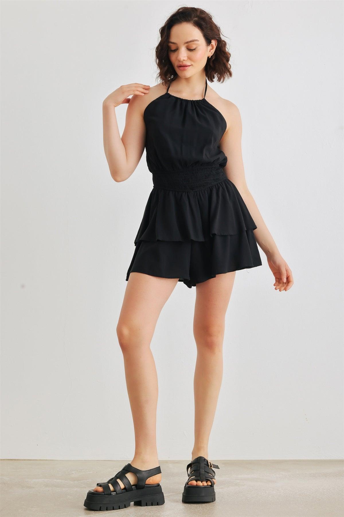 Black Halter Neck Open Back Smocked Tiered Romper /3-2-1