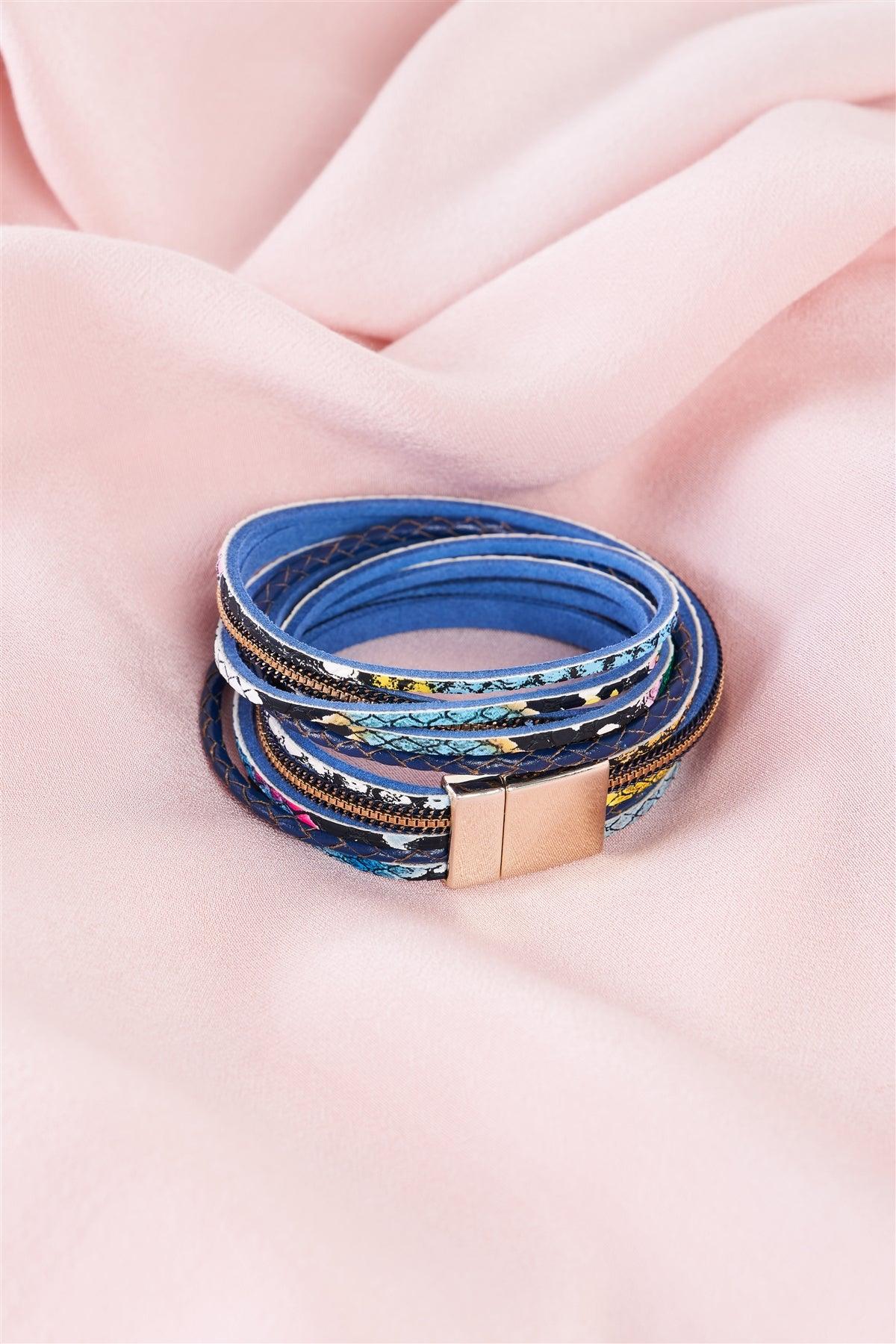 Blue Multi Snake Print Vegan Leather Double Wrap Bracelet /6 Pieces