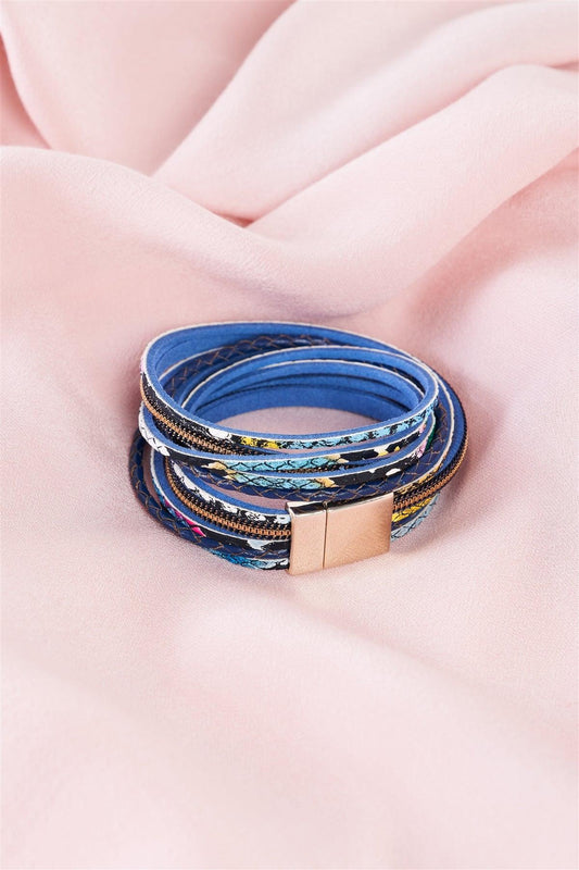 Blue Multi Snake Print Vegan Leather Double Wrap Bracelet /6 Pieces