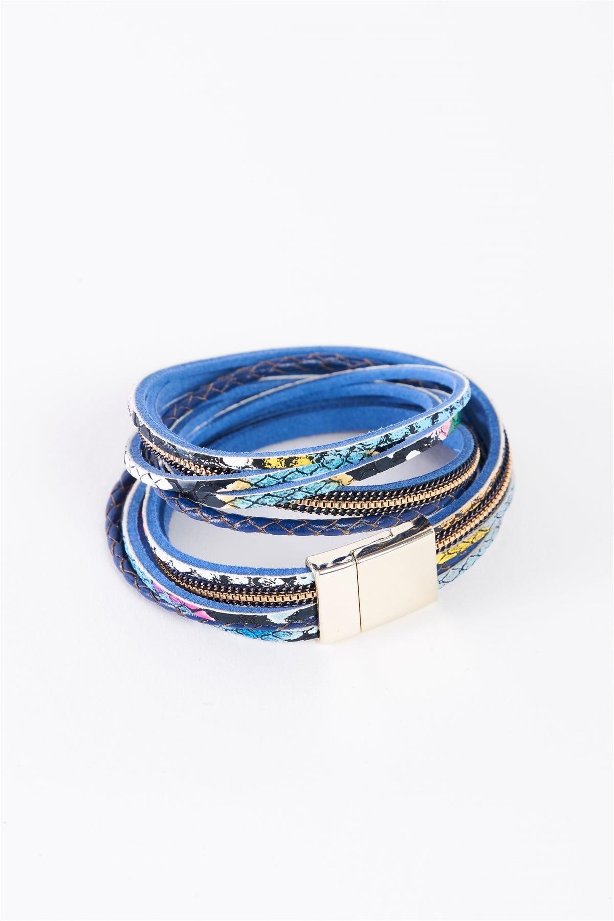 Blue Multi Snake Print Vegan Leather Double Wrap Bracelet /6 Pieces