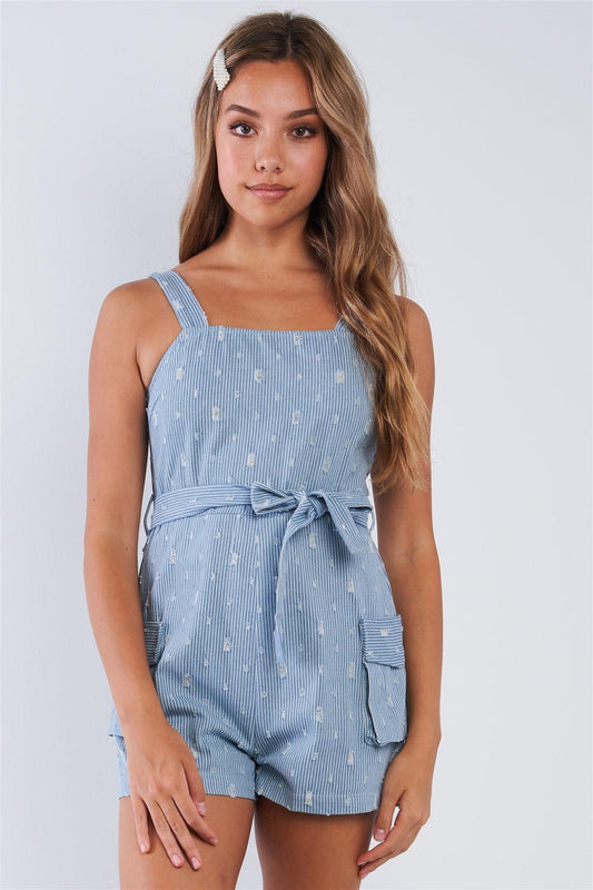 Denim White Pin Striped Destroyed Square Neck Romper With Waist Tie /3-2-1