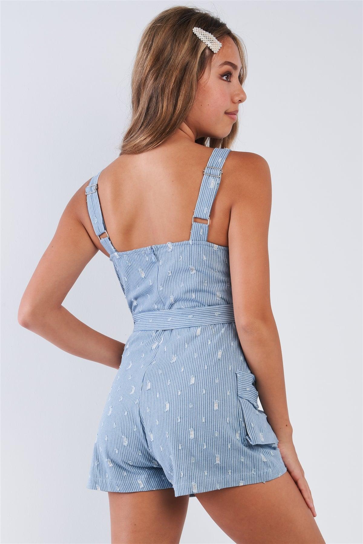 Denim White Pin Striped Destroyed Square Neck Romper With Waist Tie /3-2-1