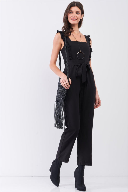 Black Sleeveless Ruffle Hem Self-Tie Belt Detail Straight Leg Jumpsuit /3-2-1