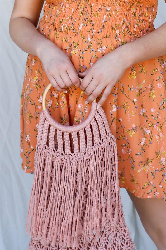 Pink Net Front Cable Fringe Wooden Handle Bag /1 Bag