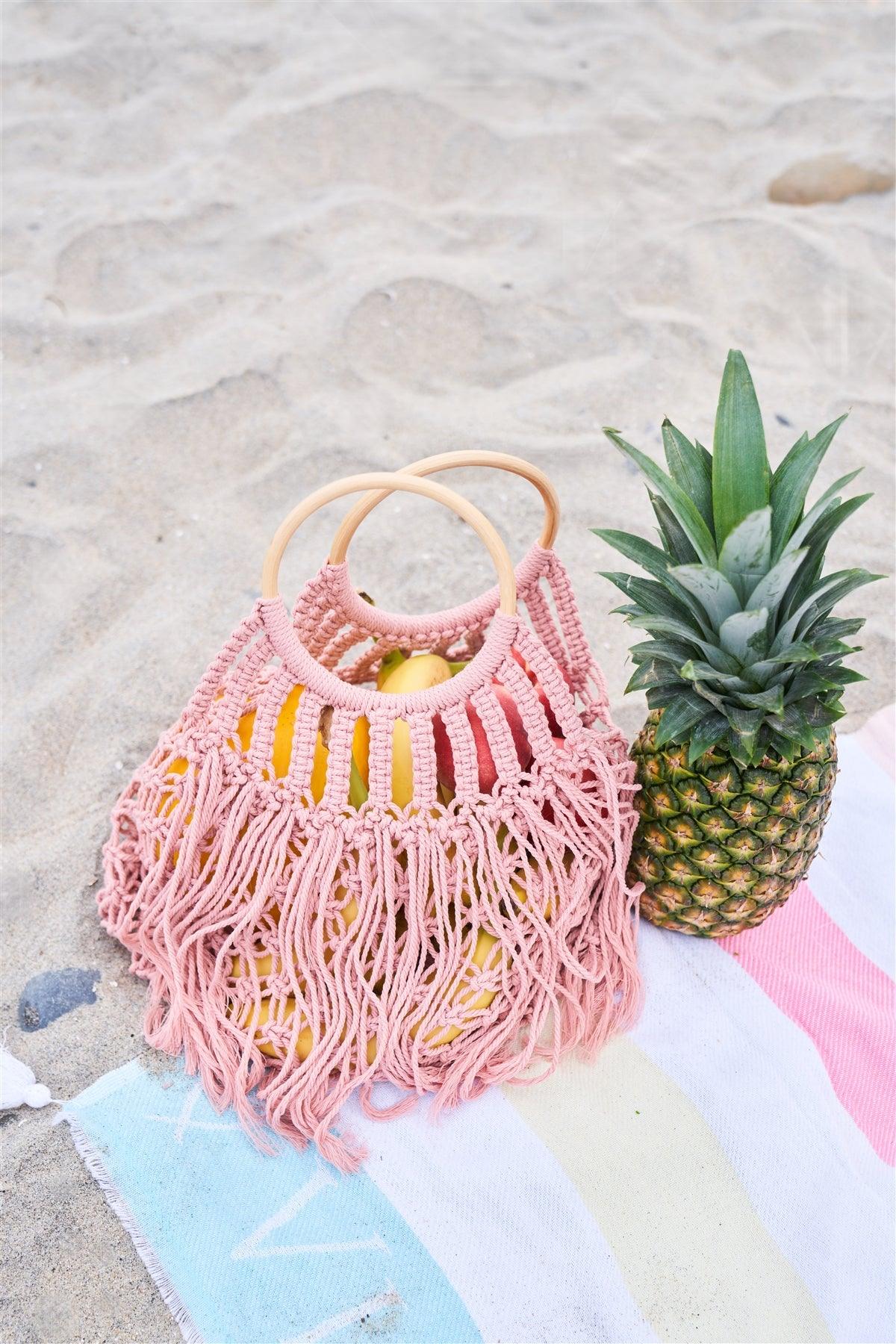 Pink Net Front Cable Fringe Wooden Handle Bag /1 Bag