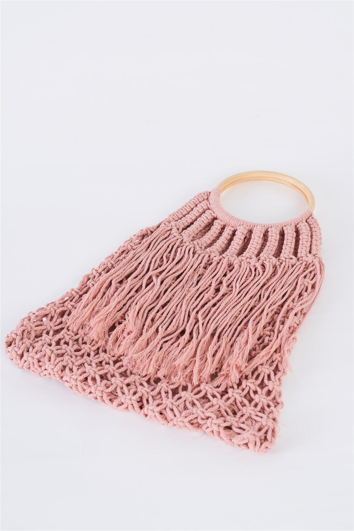 Pink Net Front Cable Fringe Wooden Handle Bag /1 Bag