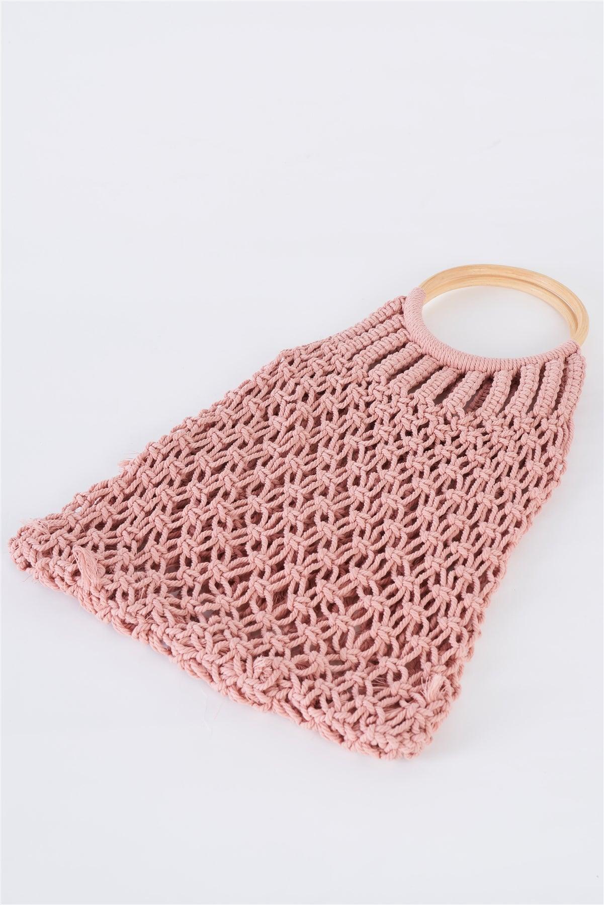 Pink Net Front Cable Fringe Wooden Handle Bag /1 Bag