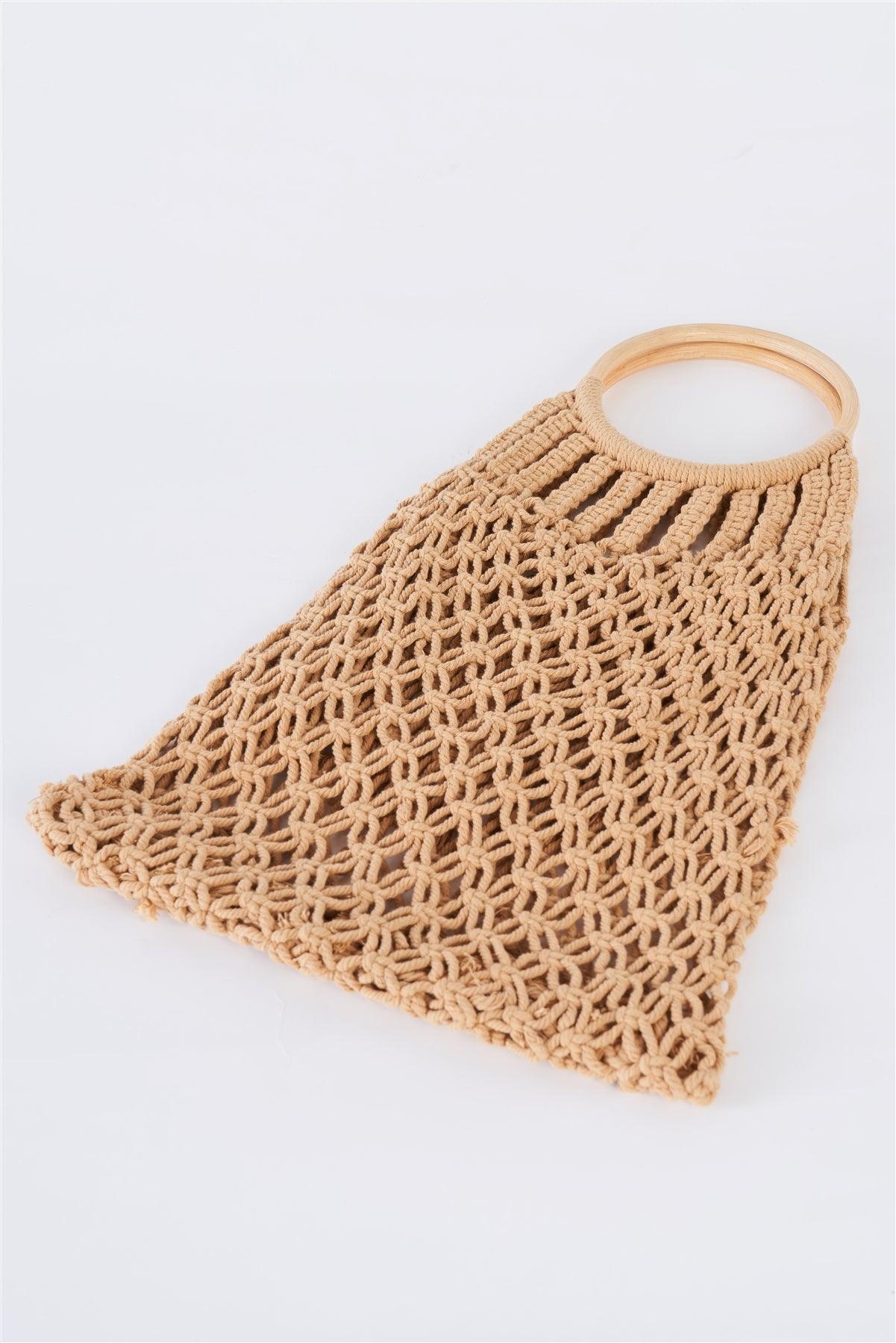 Taupe Net Front Cable Fringe Wooden Handle Bag /3 Bags