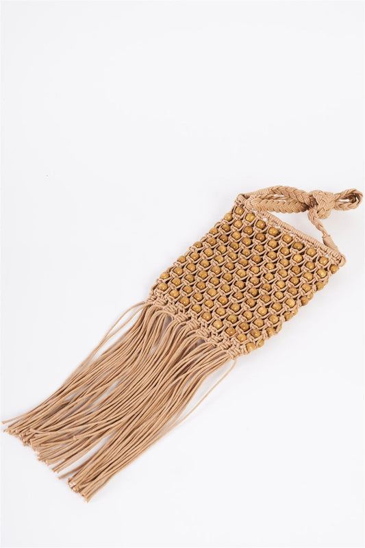 Taupe Net Cable Fringe Wooden Beads Braided Crossbody Bag /3 Bags