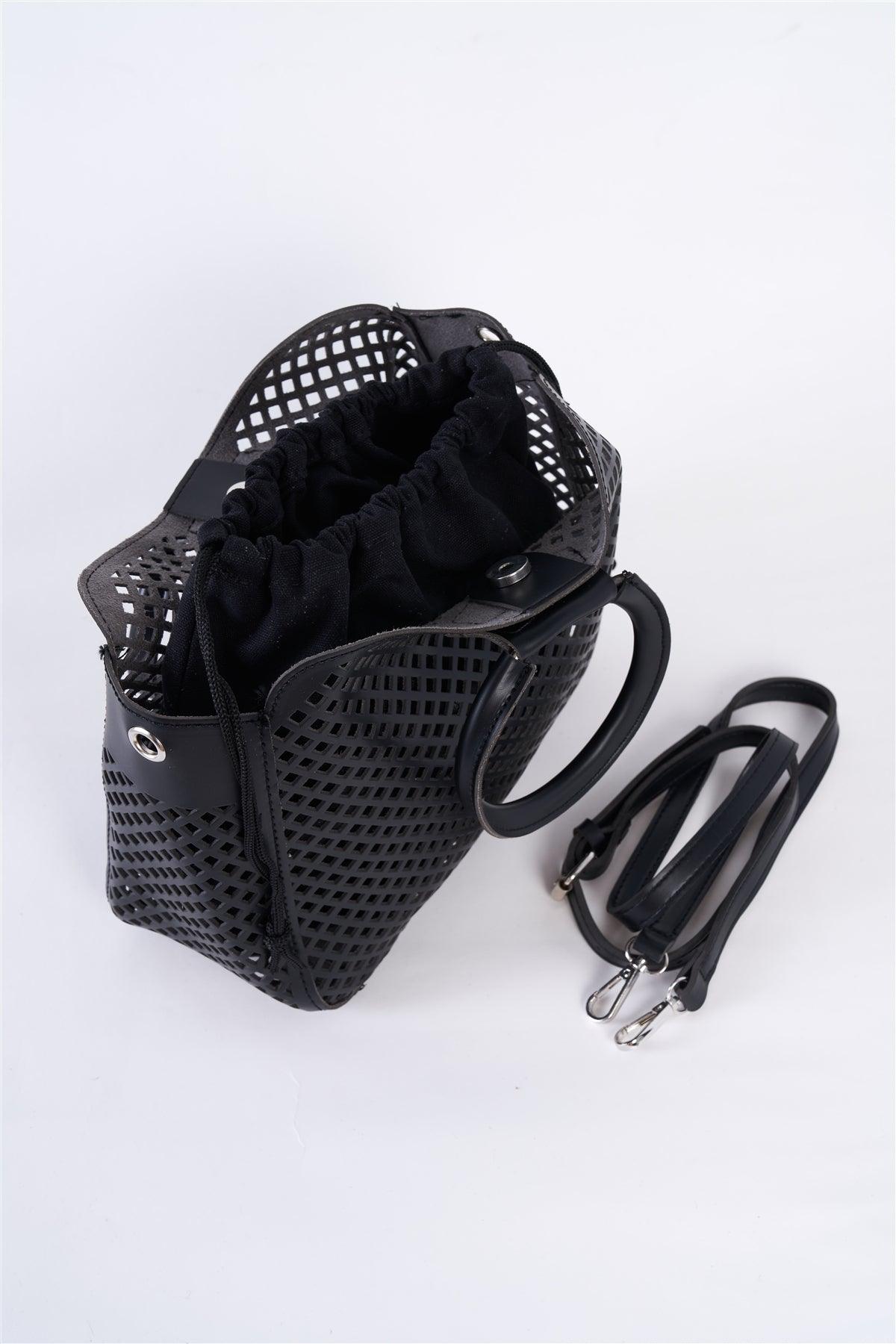 Black Cloth Double Layered Faux Leather Mesh Hidden Magnetic Snap Button Closure Crossbody Handbag / 3 Bags