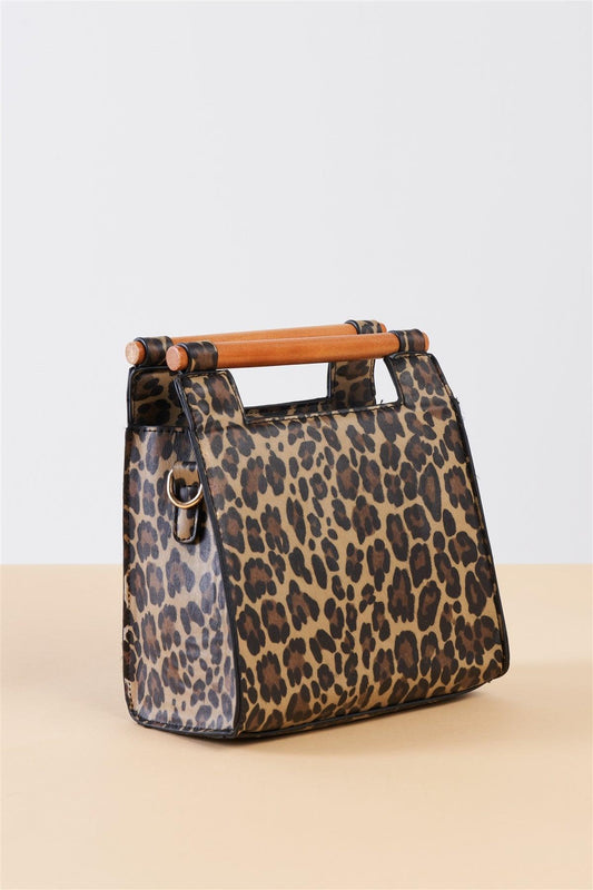 Leopard Print Vegan Leather Mini Handbag With Bamboo Trim /3 Bags