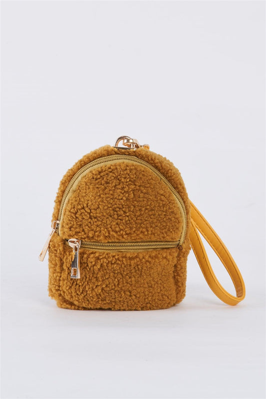 Mustard Yellow Faux Shearling Wristlet Mini Bag /3 Bags