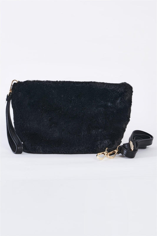 Black Faux Fur Hidden Magnetic Snap Button Closure Crossbody Bag / Clutch With Hidden Hand Strap Loop / 1 Bag