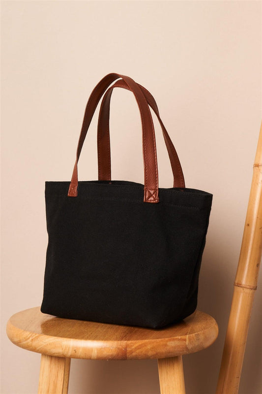 Black Chic Mini Tote Bag With Brown Leather Handles /1 Bag