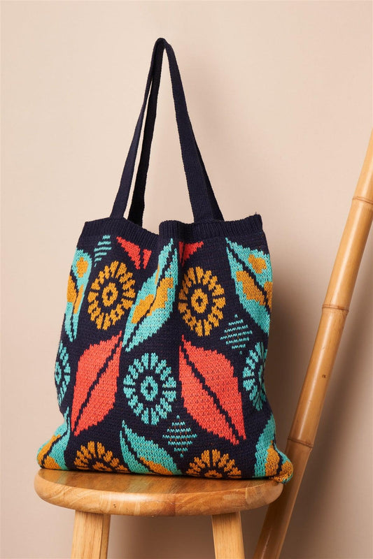 Navy Abstract Leaf Pattern Knit Boho Tote Bag /1 Bag