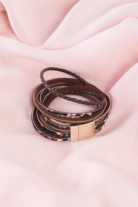 Brown Multi Strand Snake Print Vegan Leather Double Wrap Magnetic Bracelet /6 Pieces