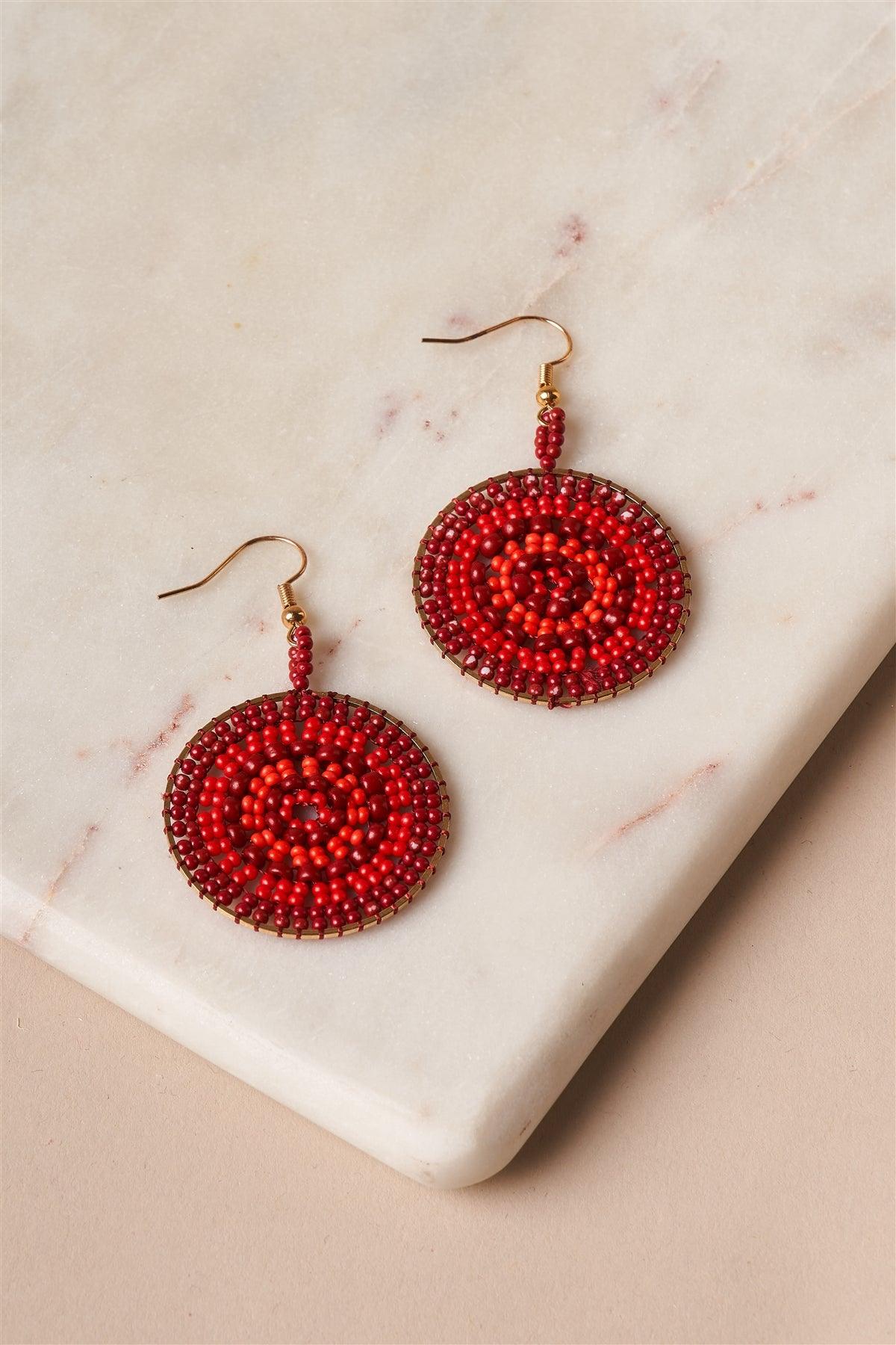 Red Beaded Disc Drop Earrings /6 Pieces