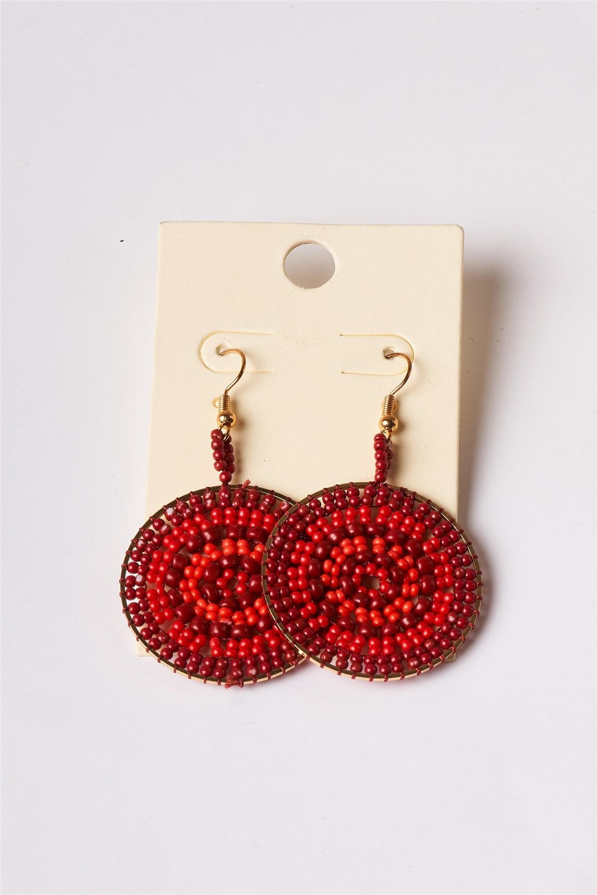 Red Beaded Disc Drop Earrings /6 Pieces