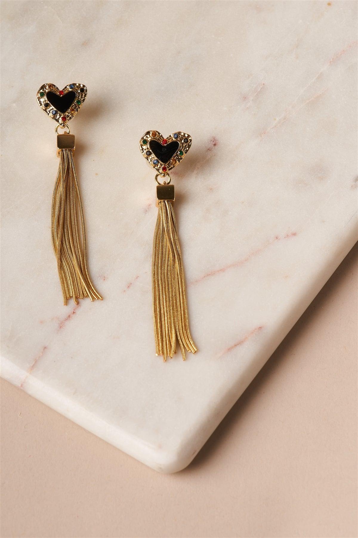 Black & Gold Heart Chain Fringe Drop Earrings /6 Pairs