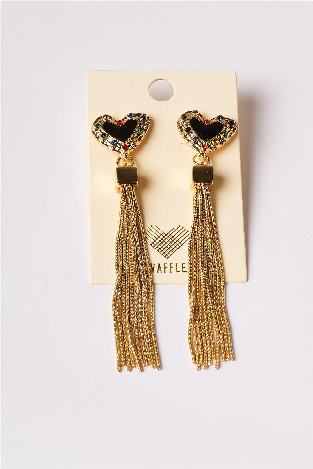 Black & Gold Heart Chain Fringe Drop Earrings /6 Pairs