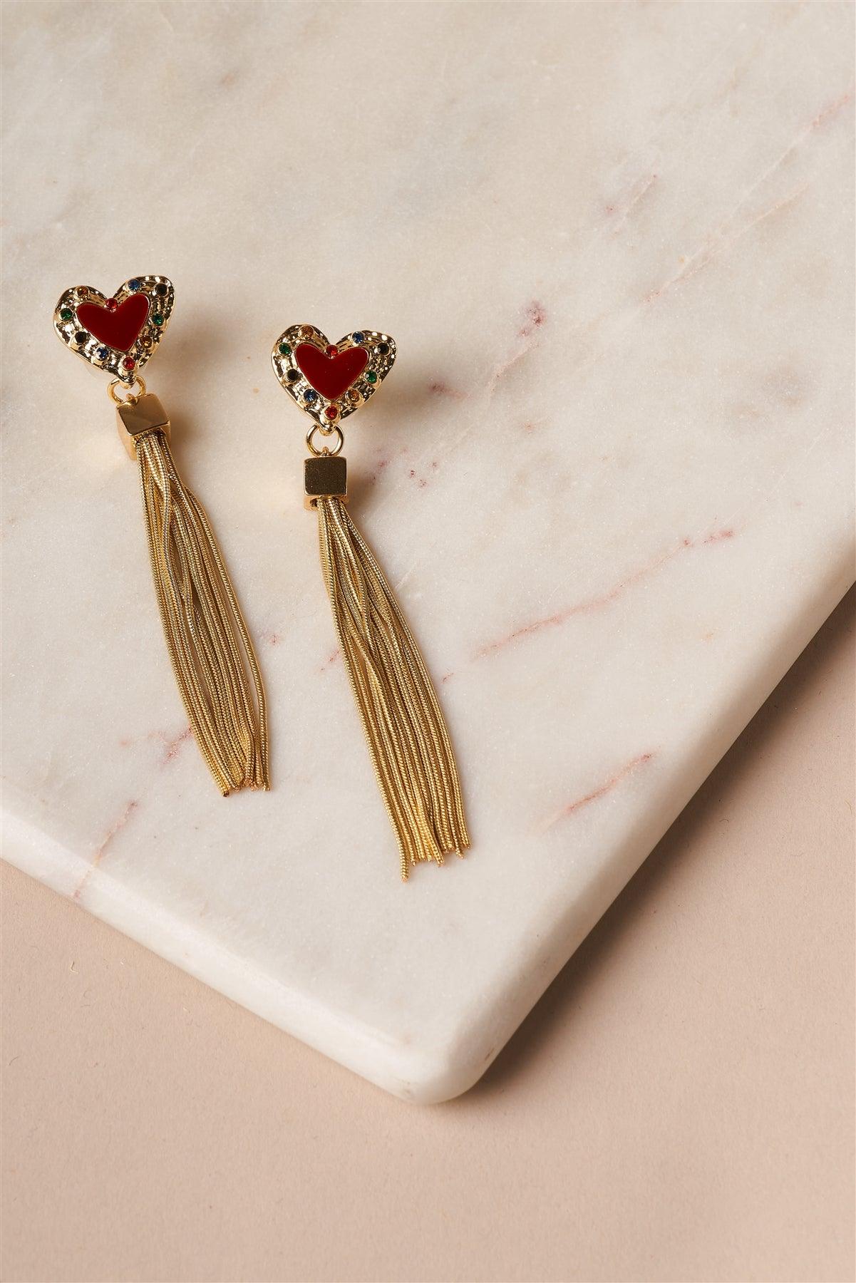 Red Gold Heart Chain Fringe Drop Earrings /6 Pairs