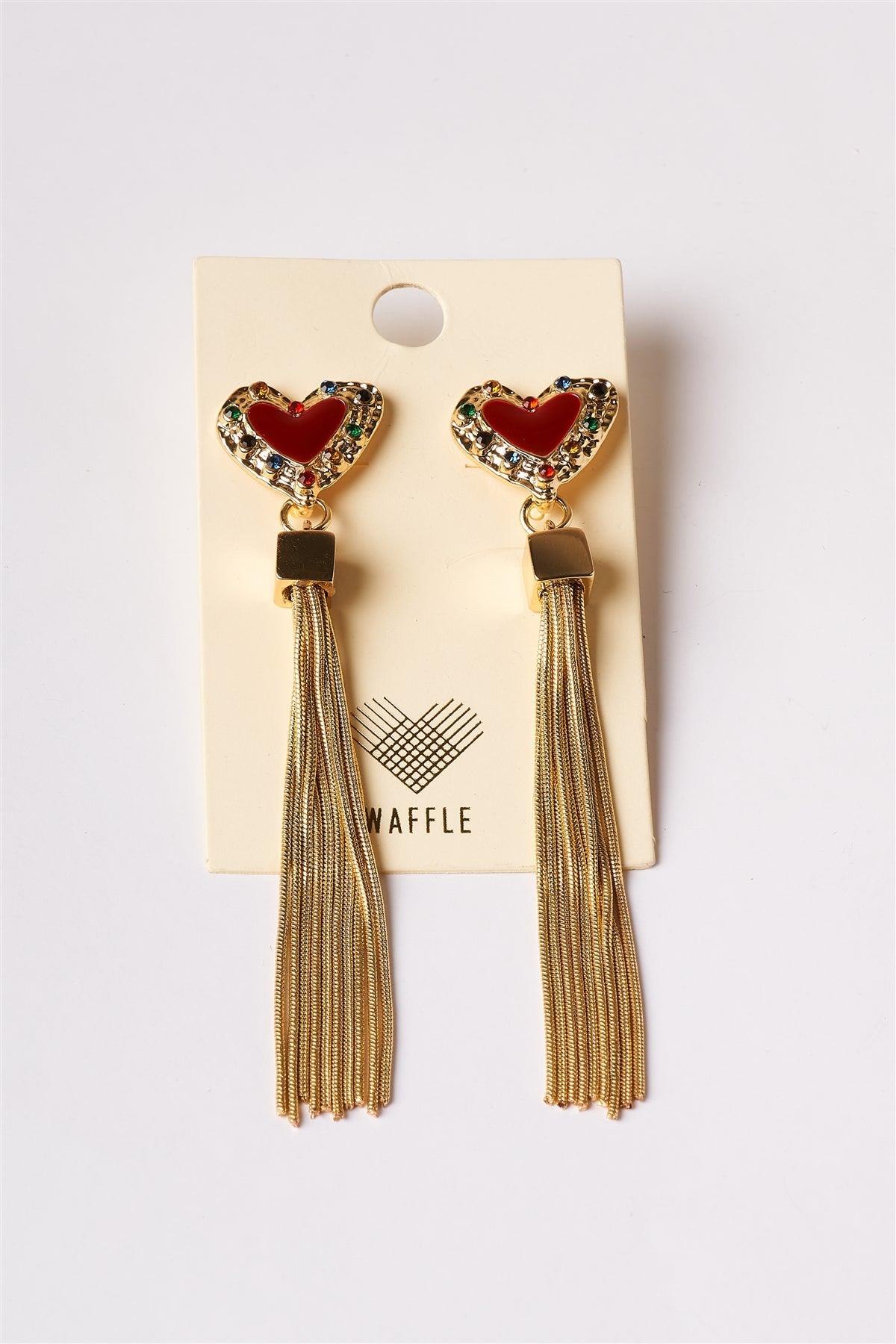 Red Gold Heart Chain Fringe Drop Earrings /6 Pairs