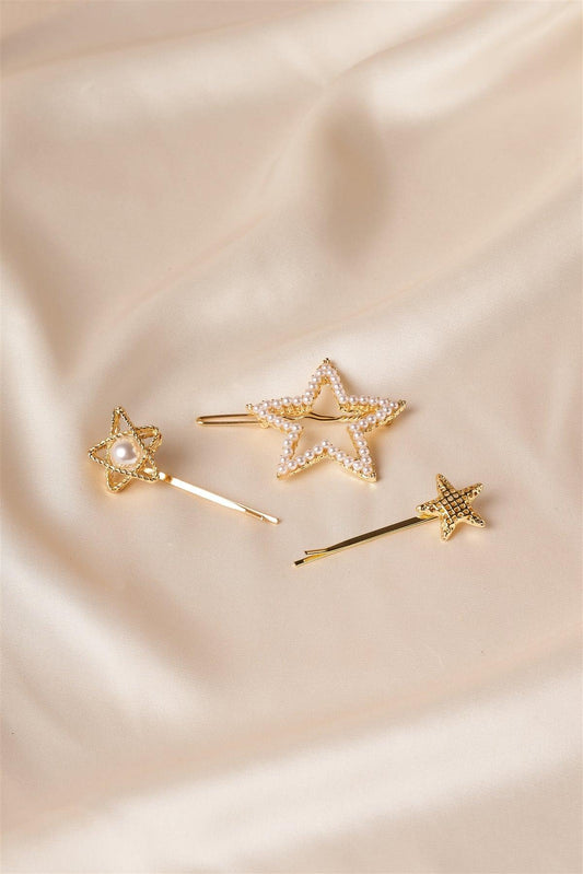 Gold Pearl Shinning Star Clips /1 Pair