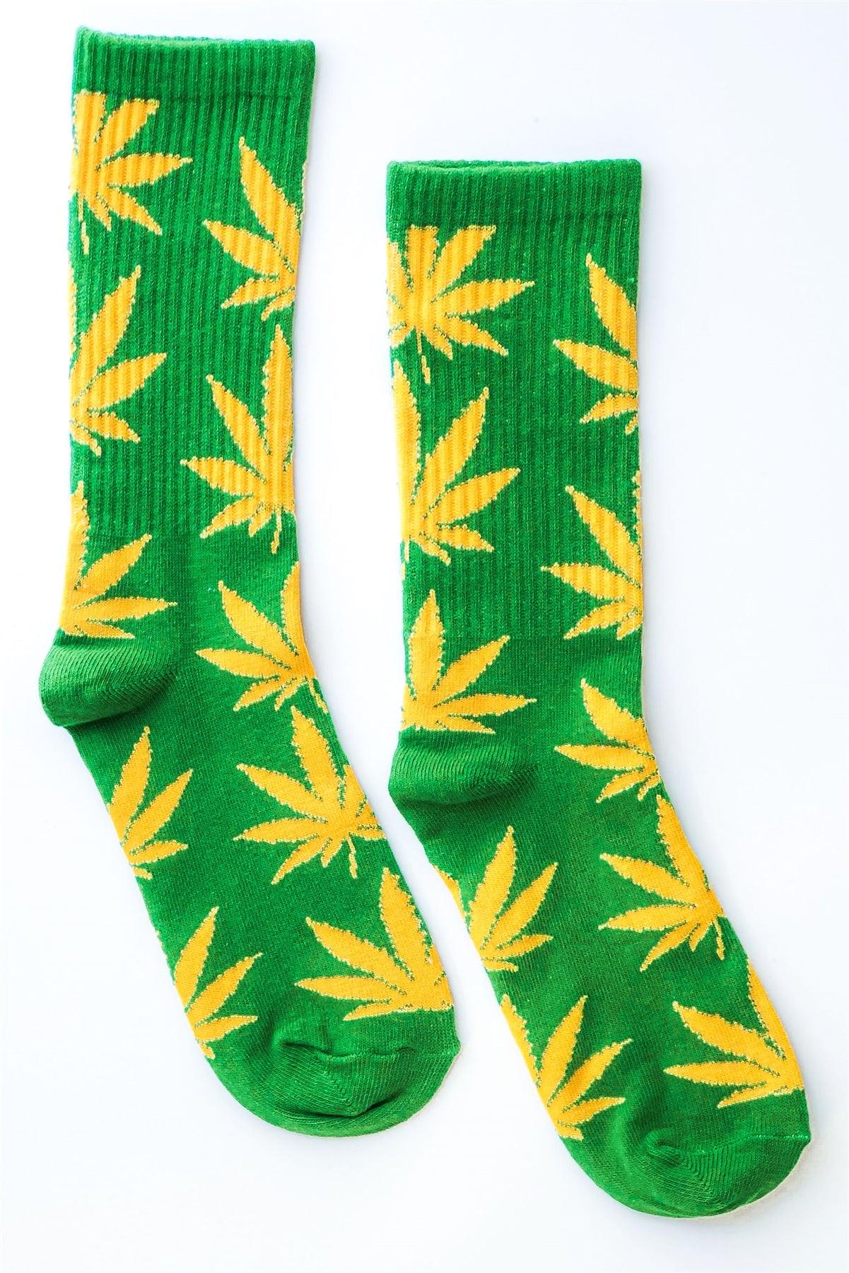 Green Yellow Marijuana Weed Leaf Mid Calf Tube Socks /12 pairs