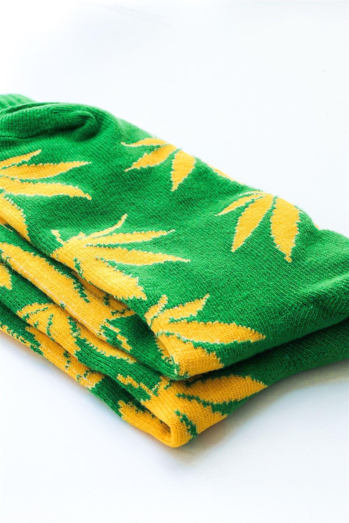 Green Yellow Marijuana Weed Leaf Mid Calf Tube Socks /12 pairs