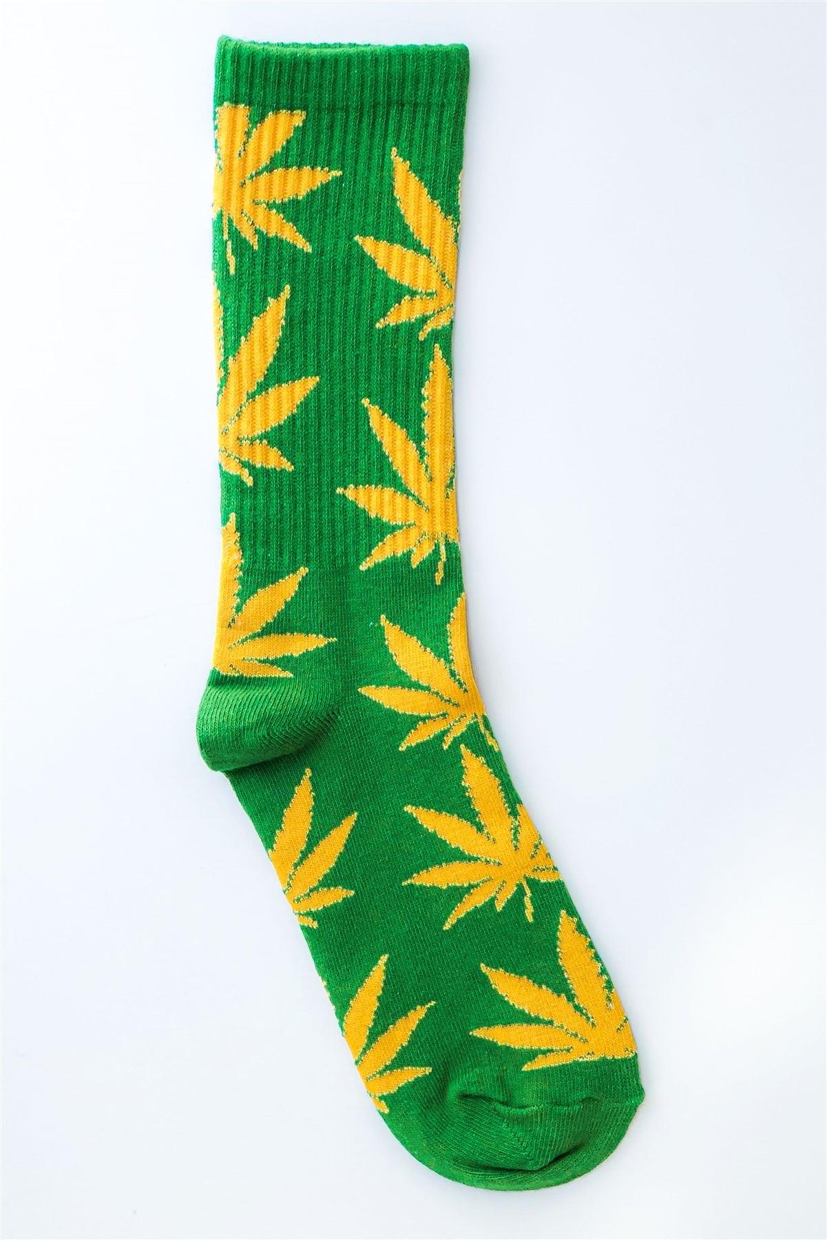 Green Yellow Marijuana Weed Leaf Mid Calf Tube Socks /12 pairs