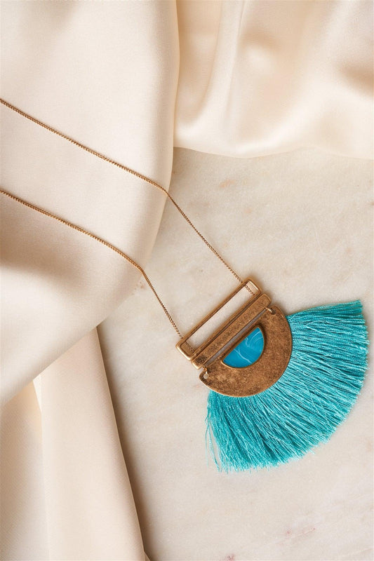 Turquoise Half Moon Plate Stone Fringe Pendant Necklace /1 Piece