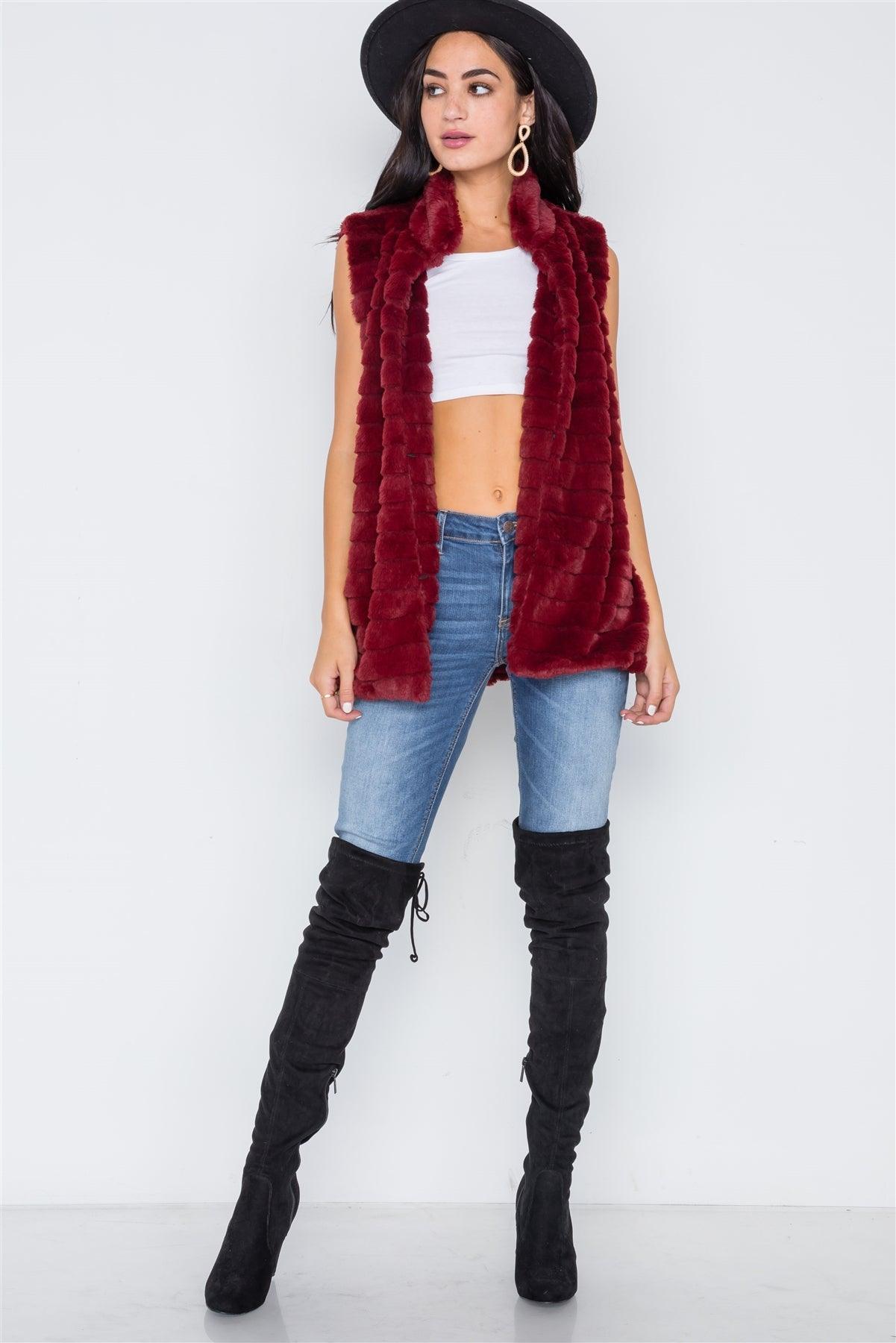 Burgundy Sleeveless Faux Fur Vest /6