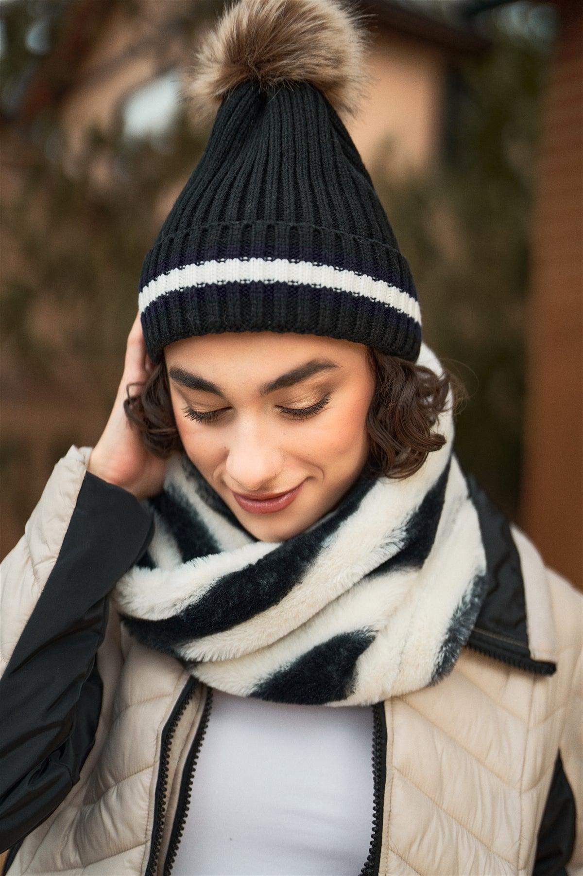 Black & White Stripe Ribbed Lapel Hem Faux Fur Bunny Tail Tip Beanie /3 Pieces