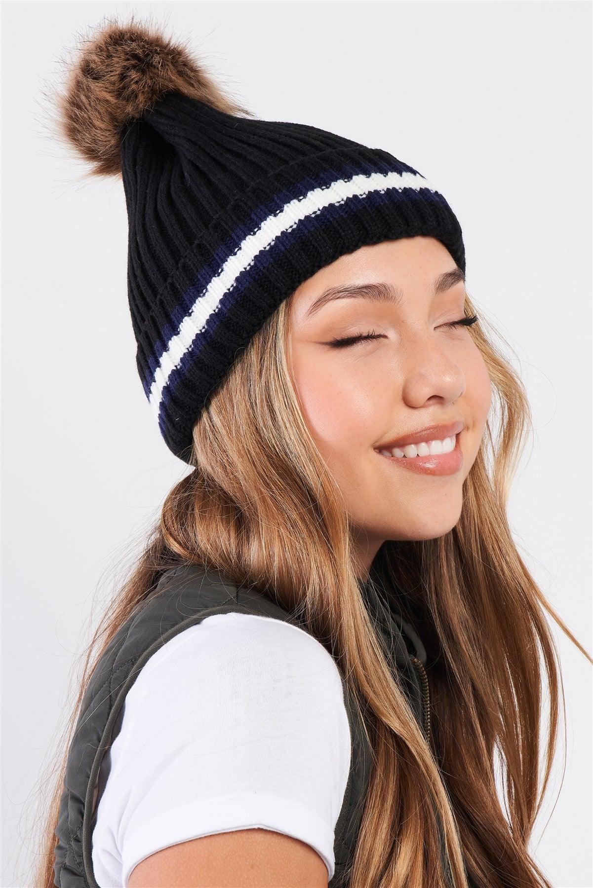 Black & White Stripe Ribbed Lapel Hem Faux Fur Bunny Tail Tip Beanie /3 Pieces