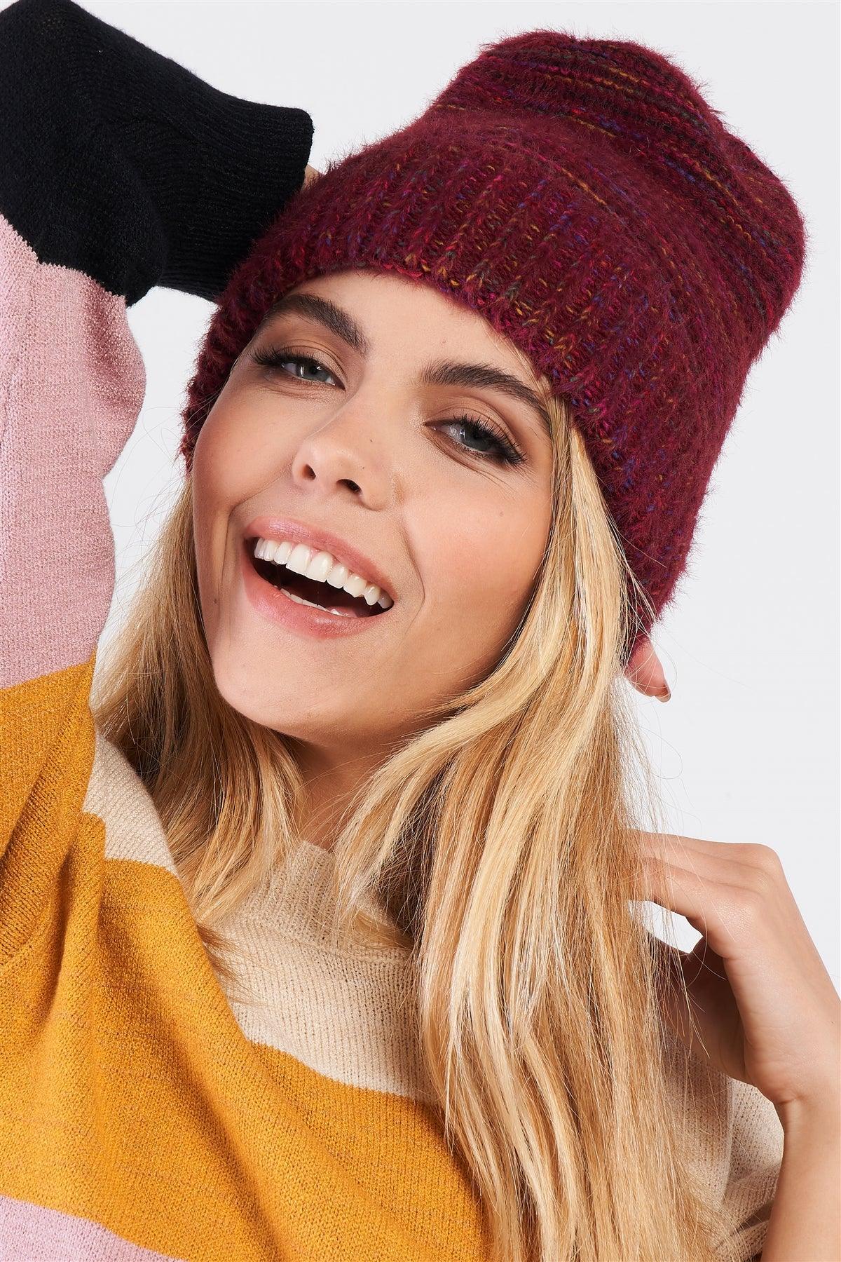 Burgundy Rainbow Knit Fuzzy Woven Beanie /3 Pieces