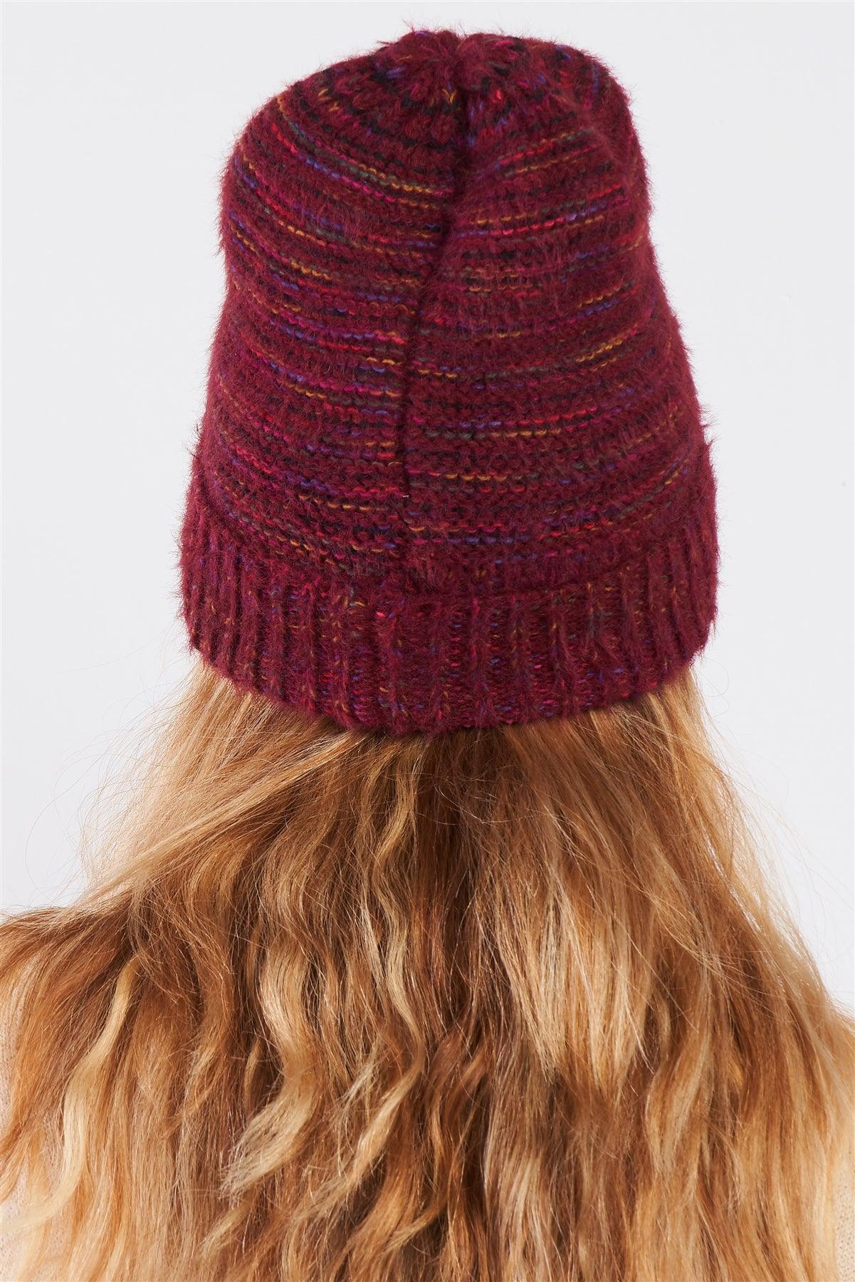 Burgundy Rainbow Knit Fuzzy Woven Beanie /3 Pieces